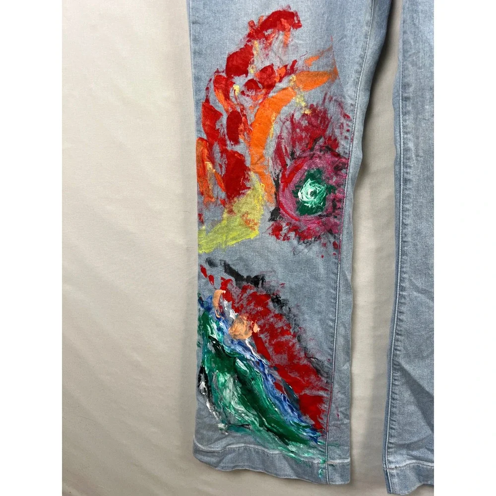 Lauren Conrad Flare Jeans Women 10 Light Blue Hand Painted Artistic High Rise